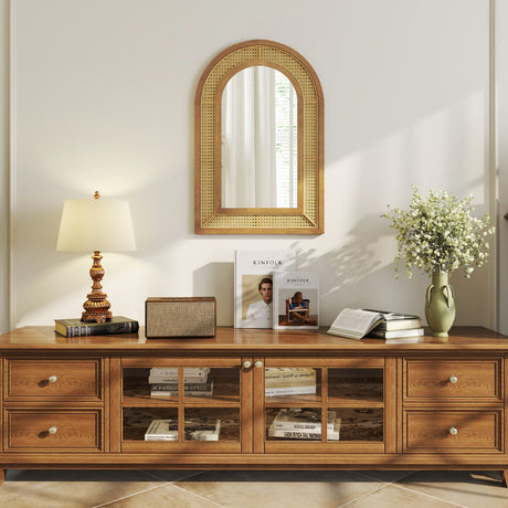 Espejo Decorativo de Pared de Ratán con Marco de Madera de 35.5 x 23.5 Pulgadas-Natural