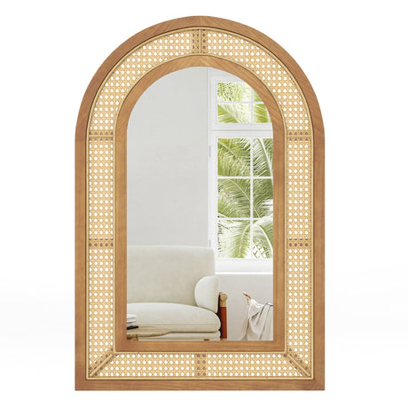 Espejo Decorativo de Pared de Ratán con Marco de Madera de 35.5 x 23.5 Pulgadas-Natural