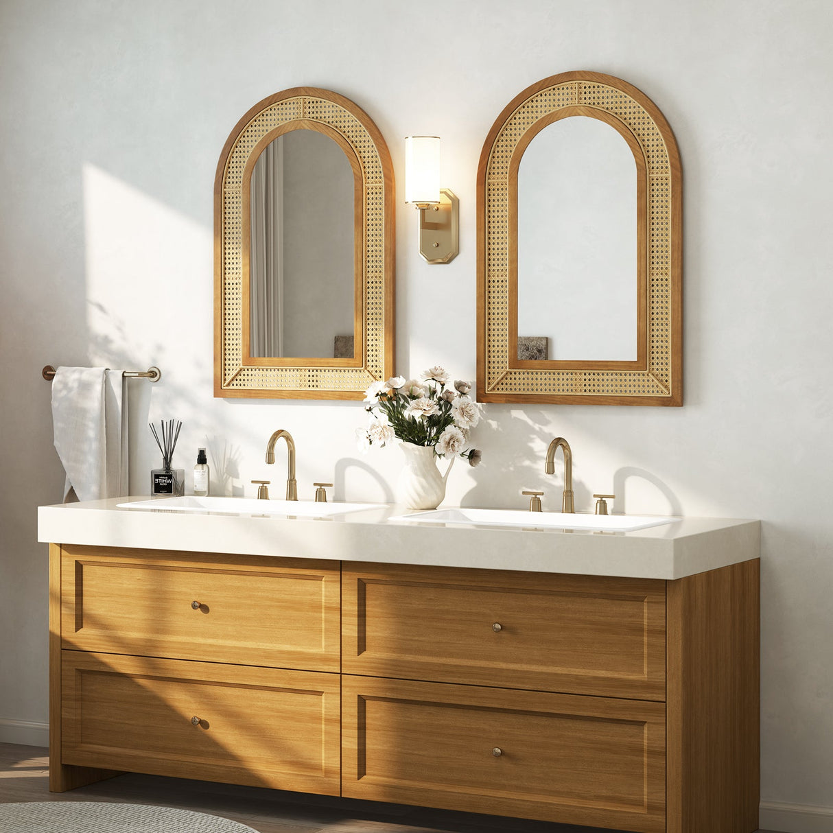 Espejo Decorativo de Pared de Ratán con Marco de Madera de 35.5 x 23.5 Pulgadas-Natural