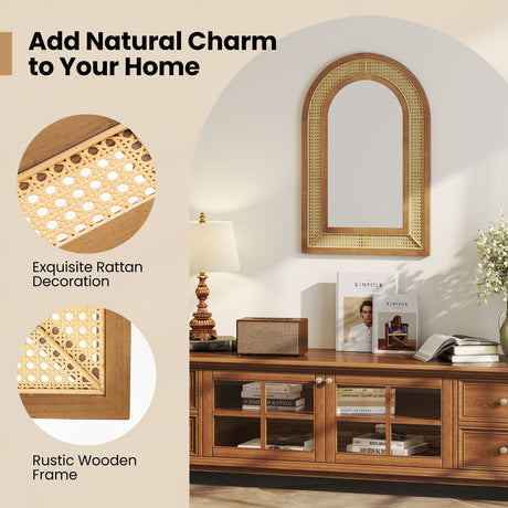Espejo Decorativo de Pared de Ratán con Marco de Madera de 35.5 x 23.5 Pulgadas-Natural