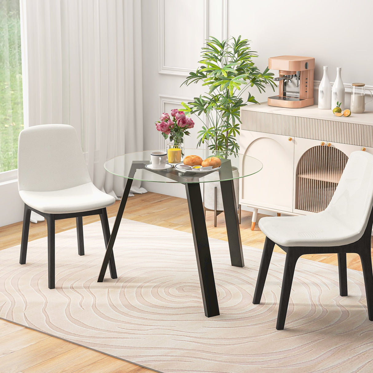Mesa de comedor redonda de cristal de 36 pulgadas para 4 personas con estructura de madera de caucho