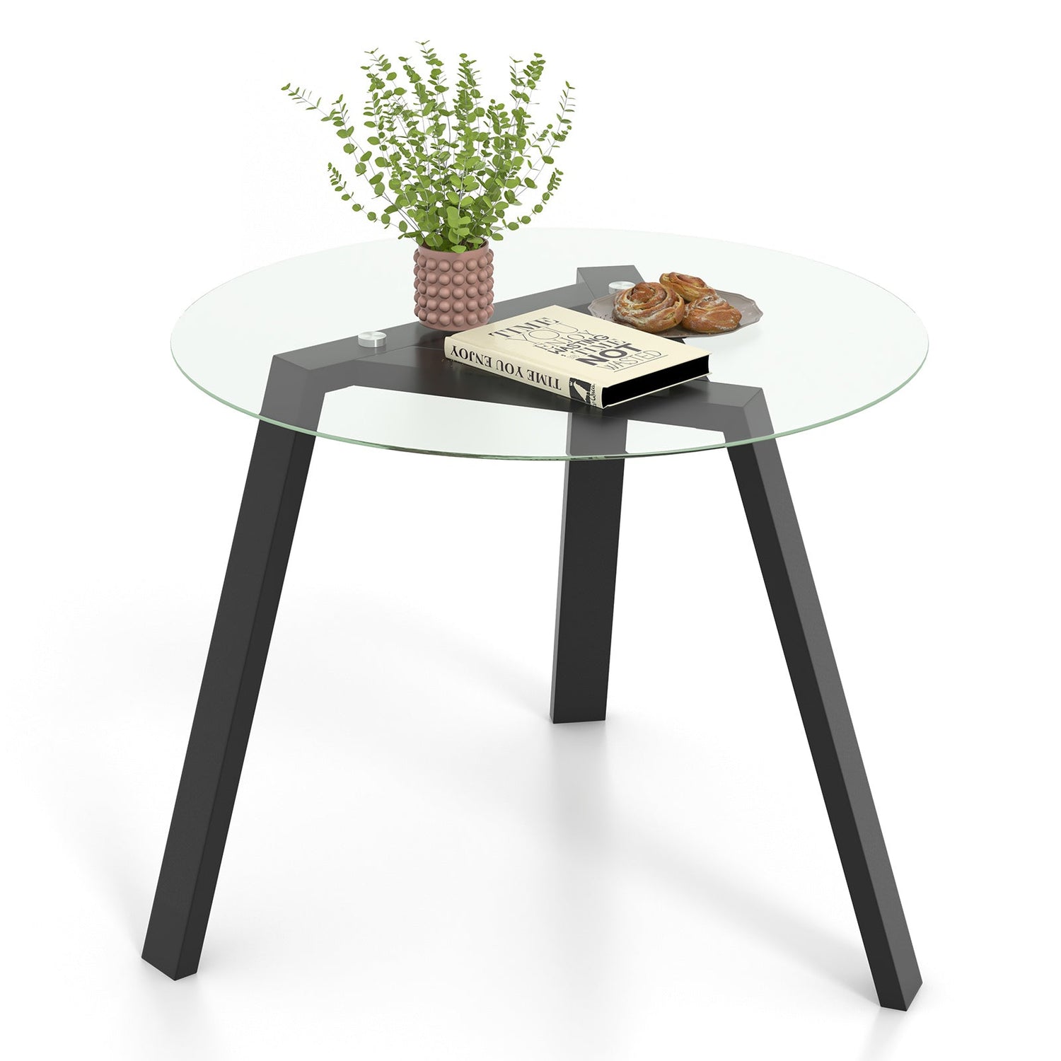 Mesa de comedor redonda de cristal de 36 pulgadas para 4 personas con estructura de madera de caucho
