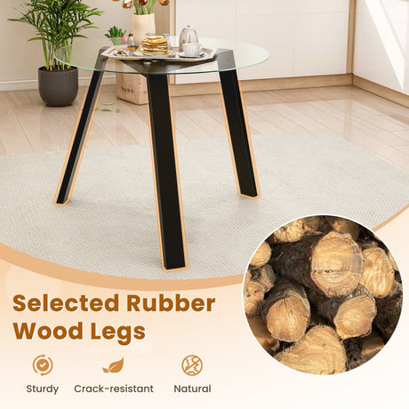 Mesa de comedor redonda de cristal de 36 pulgadas para 4 personas con estructura de madera de caucho