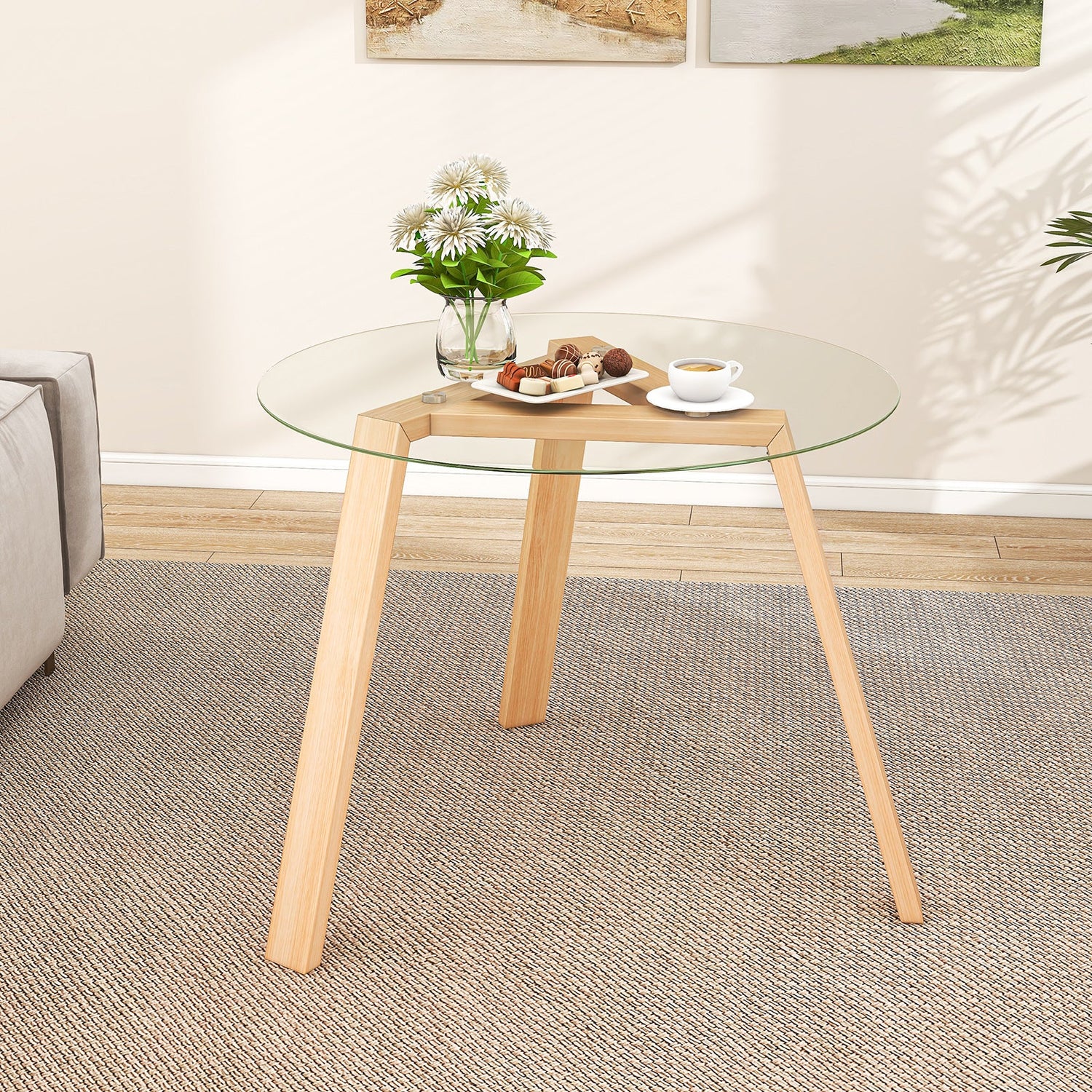Mesa de comedor redonda de cristal de 36 pulgadas para 4 personas con estructura de madera de caucho