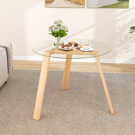 Mesa de comedor redonda de cristal de 36 pulgadas para 4 personas con estructura de madera de caucho