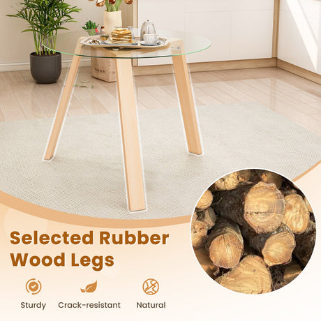 Mesa de comedor redonda de cristal de 36 pulgadas para 4 personas con estructura de madera de caucho