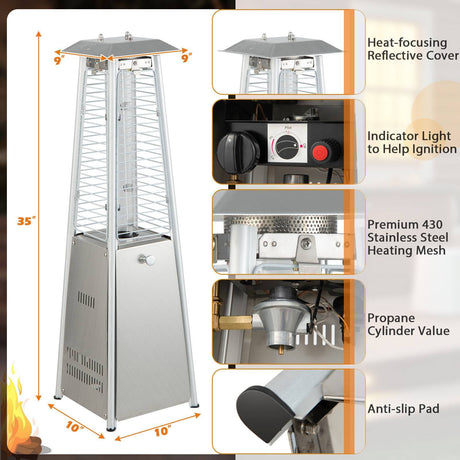 Calentador de patio de mesa portátil de acero inoxidable de 10000 BTU con tubo de vidrio