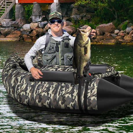 Tubo Flotador Hinchable de Pesca de 350 LBS con Respaldo Ajustable y Correas de Mochila - Camuflaje
