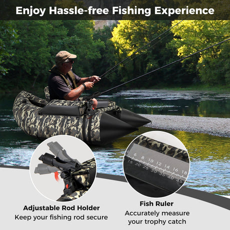 Tubo Flotador Hinchable de Pesca de 350 LBS con Respaldo Ajustable y Correas de Mochila - Camuflaje