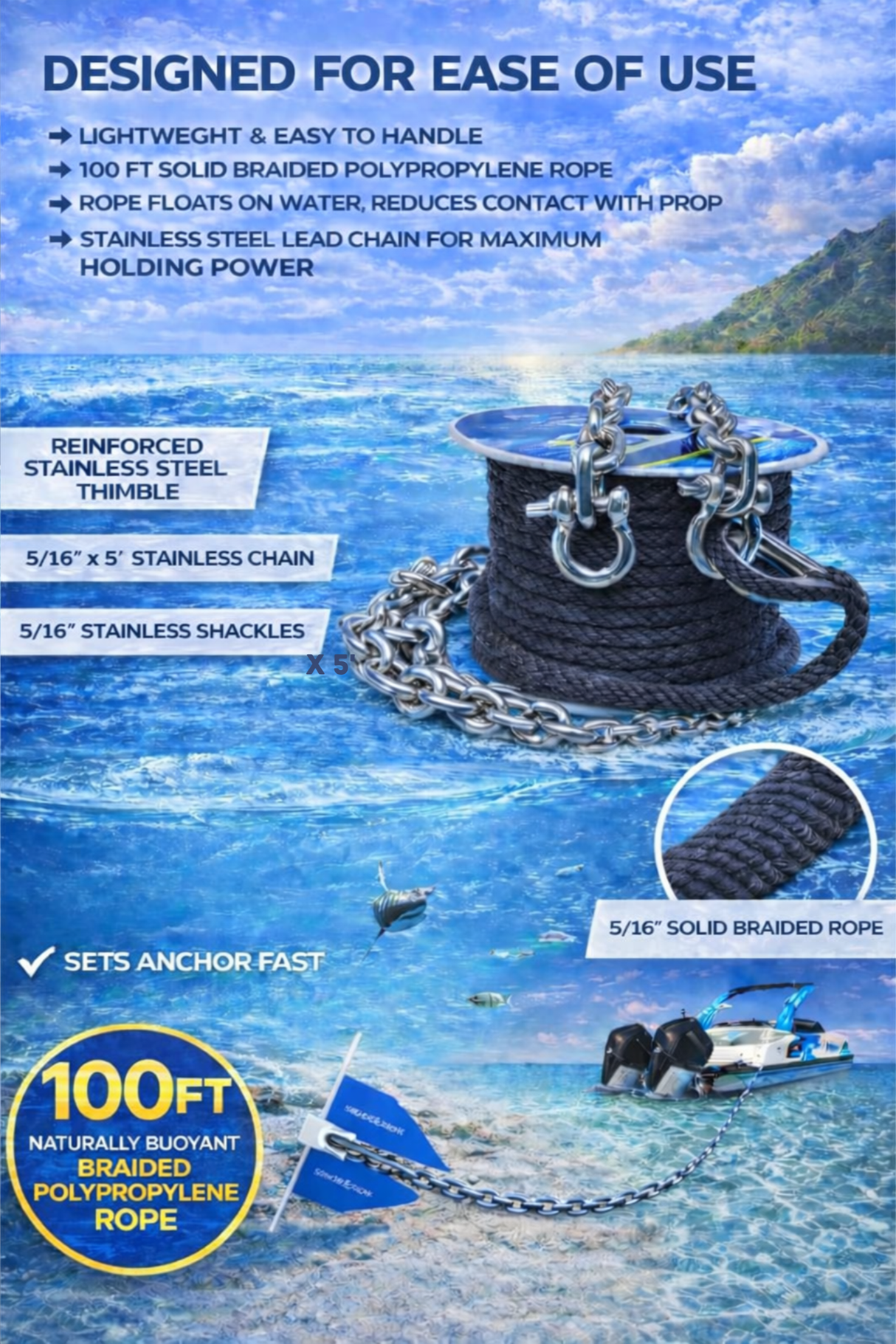 SandShark 100 pies de Cabo de Ancla de Trenzado Sólido de 3/8, 5 pies de Cadena de Ancla de Acero Inoxidable, Paquete Todo en Uno de Cabo y Cadena, Funciona con Todas las Anclas