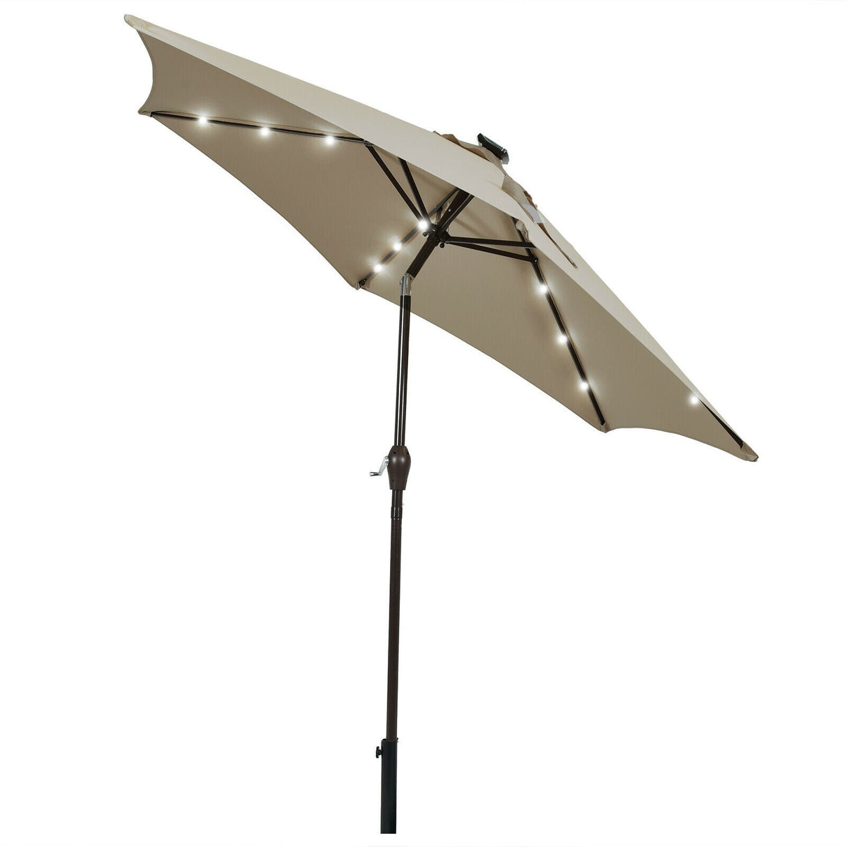 Sombrilla de mercado para patio con luz LED solar, 9 pies, inclinación ajustable y manivela.