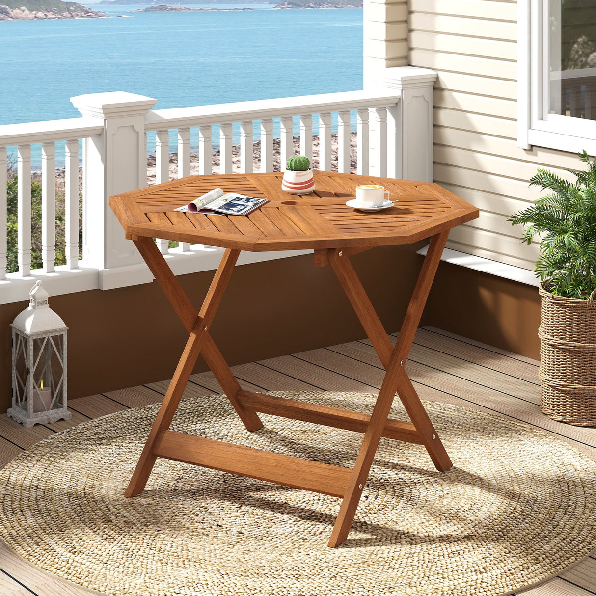 Mesa de comedor octagonal de madera maciza para patio de 35.5 pulgadas con orificio para sombrilla de 1.97 pulgadas