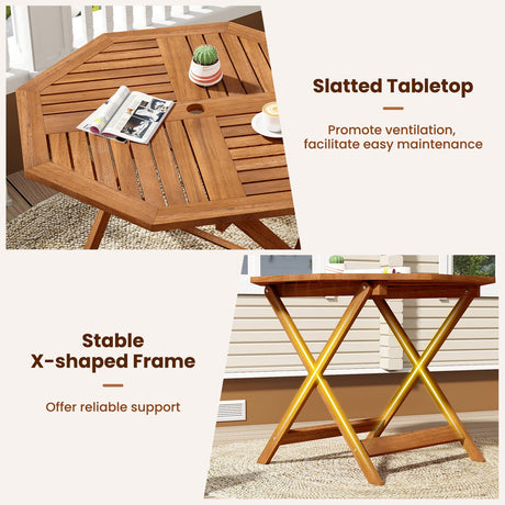 Mesa de comedor octagonal de madera maciza para patio de 35.5 pulgadas con orificio para sombrilla de 1.97 pulgadas