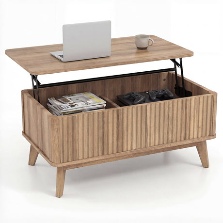 Mesa de centro rectangular de madera estriada con tapa elevable de 35.5" - Nogal