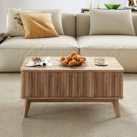 Mesa de centro rectangular de madera estriada con tapa elevable de 35.5" - Nogal
