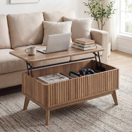 Mesa de centro rectangular de madera estriada con tapa elevable de 35.5" - Nogal