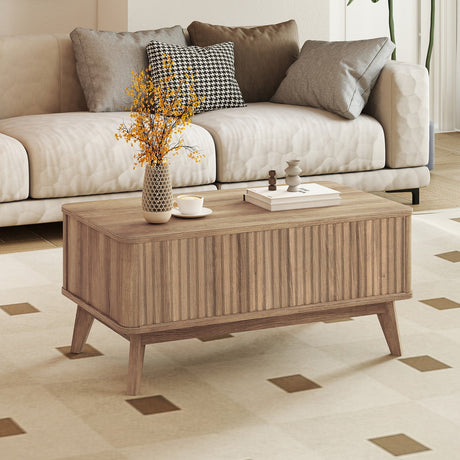 Mesa de centro rectangular de madera estriada con tapa elevable de 35.5" - Nogal