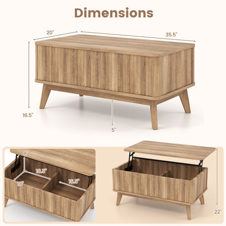 Mesa de centro rectangular de madera estriada con tapa elevable de 35.5" - Nogal