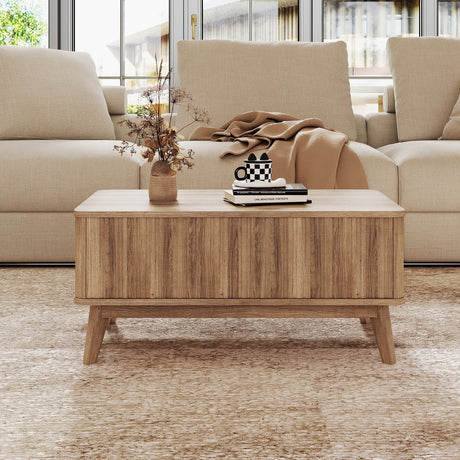 Mesa de centro rectangular de madera estriada con tapa elevable de 35.5" - Nogal