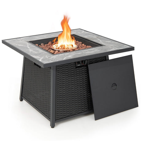 Mesa de fogata de gas propano de 35 pulgadas de mimbre de ratán con rocas de lava y cubierta de PVC - Negra