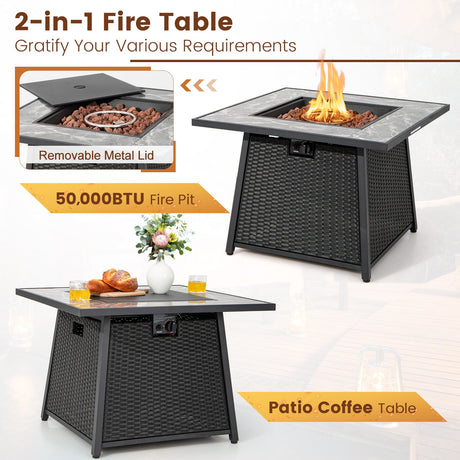 Mesa de fogata de gas propano de 35 pulgadas de mimbre de ratán con rocas de lava y cubierta de PVC - Negra