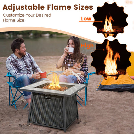 Mesa de fogata de gas propano de 35 pulgadas de mimbre de ratán con rocas de lava y cubierta de PVC - Negra