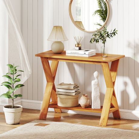 Mesa consola de madera de teca maciza de 35 pulgadas con estante de almacenamiento