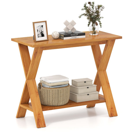 Mesa consola de madera de teca maciza de 35 pulgadas con estante de almacenamiento