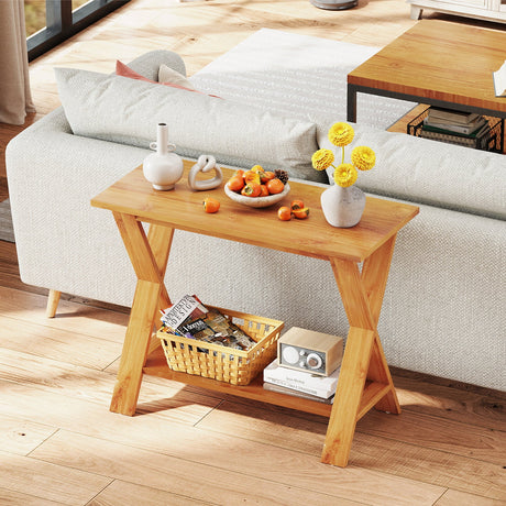 Mesa consola de madera de teca maciza de 35 pulgadas con estante de almacenamiento