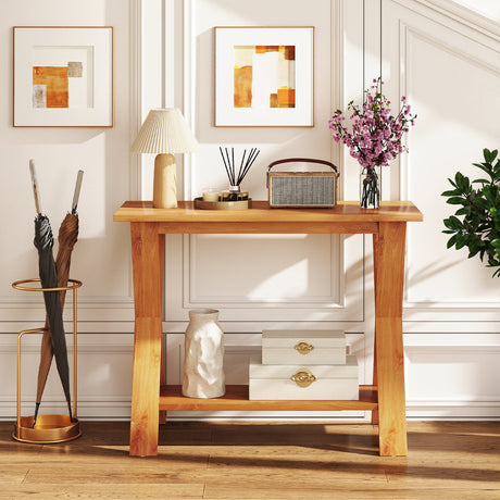 Mesa consola de madera de teca maciza de 35 pulgadas con estante de almacenamiento