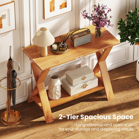 Mesa consola de madera de teca maciza de 35 pulgadas con estante de almacenamiento