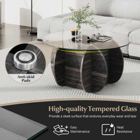 Mesa de centro redonda de 35" única con tapa de cristal templado y base de madera maciza - Negra