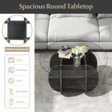 35" Round Coffee Table Unique Circle Center Table with Tempered Glass Top and Solid Wood Base-Black