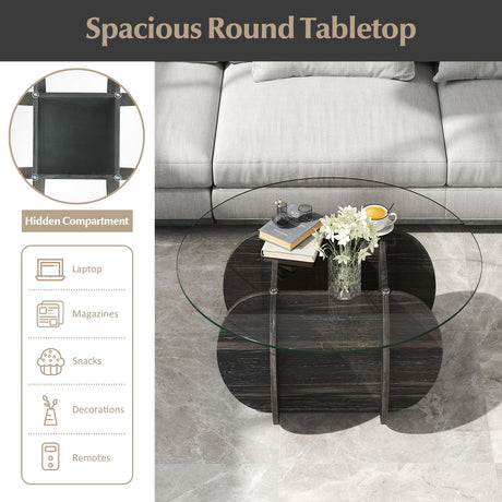 Mesa de centro redonda de 35" única con tapa de cristal templado y base de madera maciza - Negra