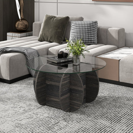 Mesa de centro redonda de 35" única con tapa de cristal templado y base de madera maciza - Negra
