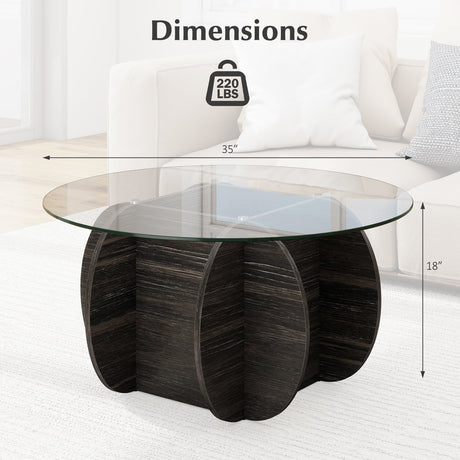 Mesa de centro redonda de 35" única con tapa de cristal templado y base de madera maciza - Negra