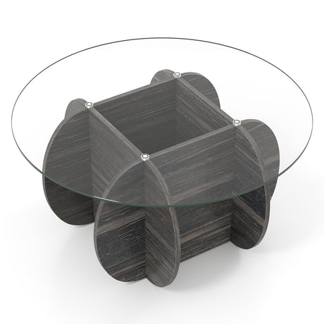 Mesa de centro redonda de 35" única con tapa de cristal templado y base de madera maciza - Negra