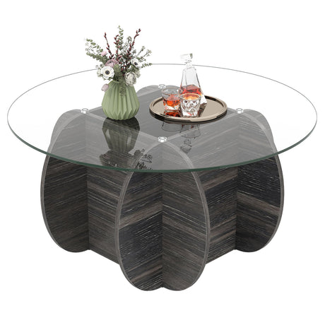 Mesa de centro redonda de 35" única con tapa de cristal templado y base de madera maciza - Negra