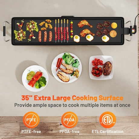 Plancha eléctrica extragrande de 35 pulgadas con termostatos de temperatura ajustables y bandeja de goteo