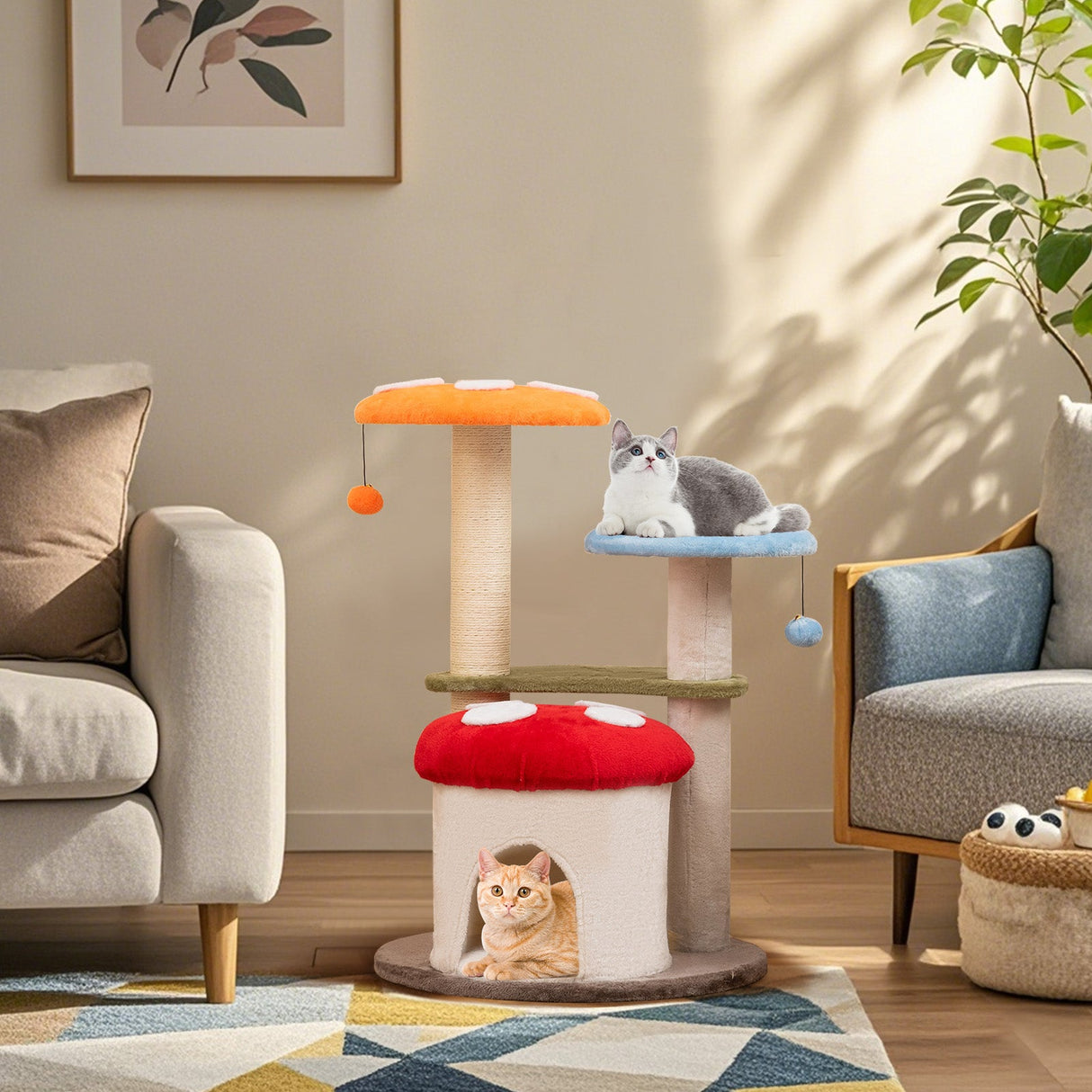 Torre para gatos de 35 pulgadas de alto con postes rascadores de sisal, condominio para gatos y plataformas acolchadas - Multicolor