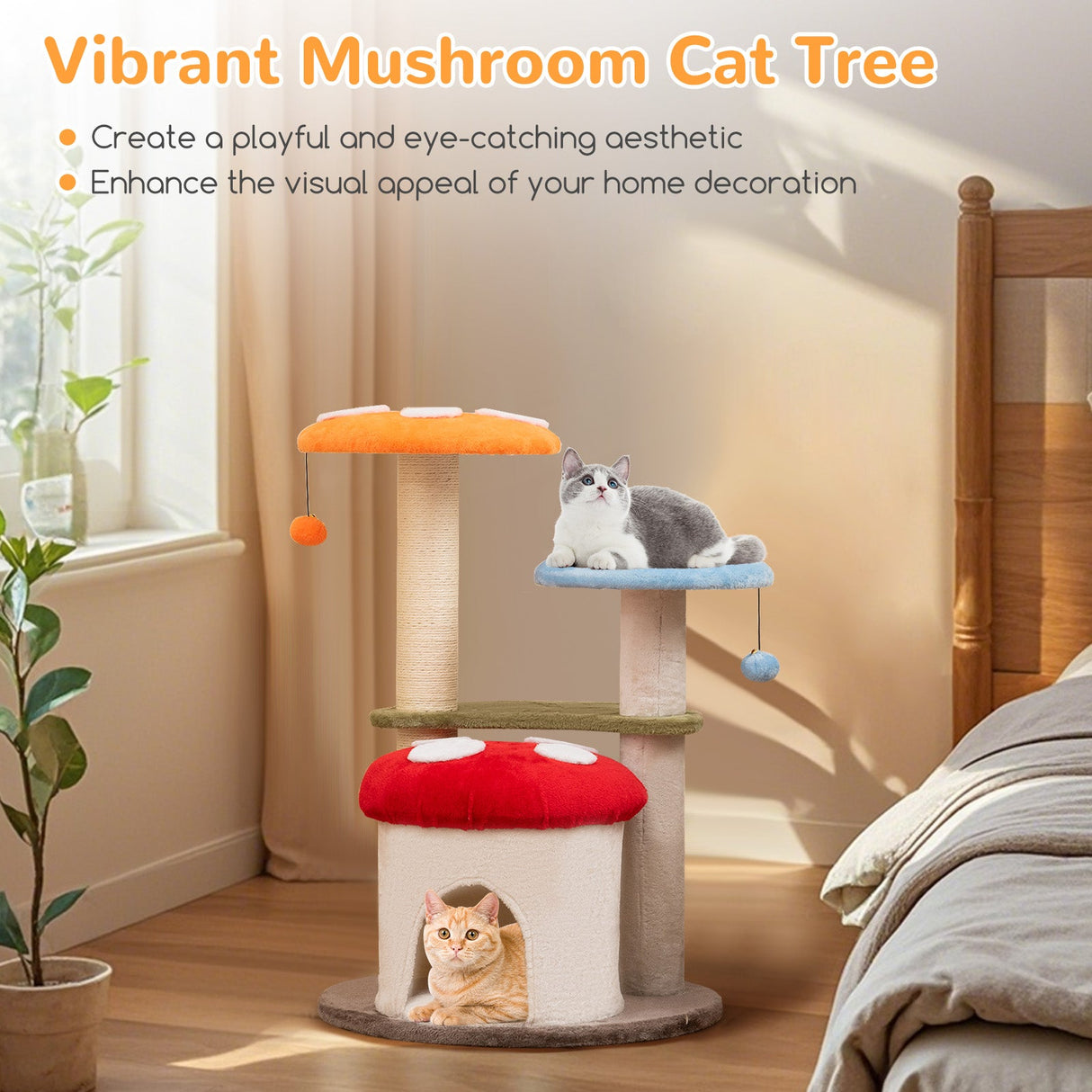 Torre para gatos de 35 pulgadas de alto con postes rascadores de sisal, condominio para gatos y plataformas acolchadas - Multicolor