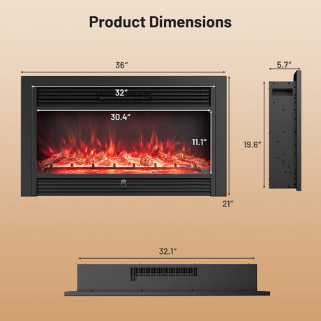 Inserto de chimenea eléctrica de 33/36 pulgadas 750W/1500W Calentador de chimenea empotrado