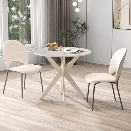 Mesa de cocina Mid Century Modern de 36 pulgadas con tablero de imitación mármol y patas de madera maciza de caucho