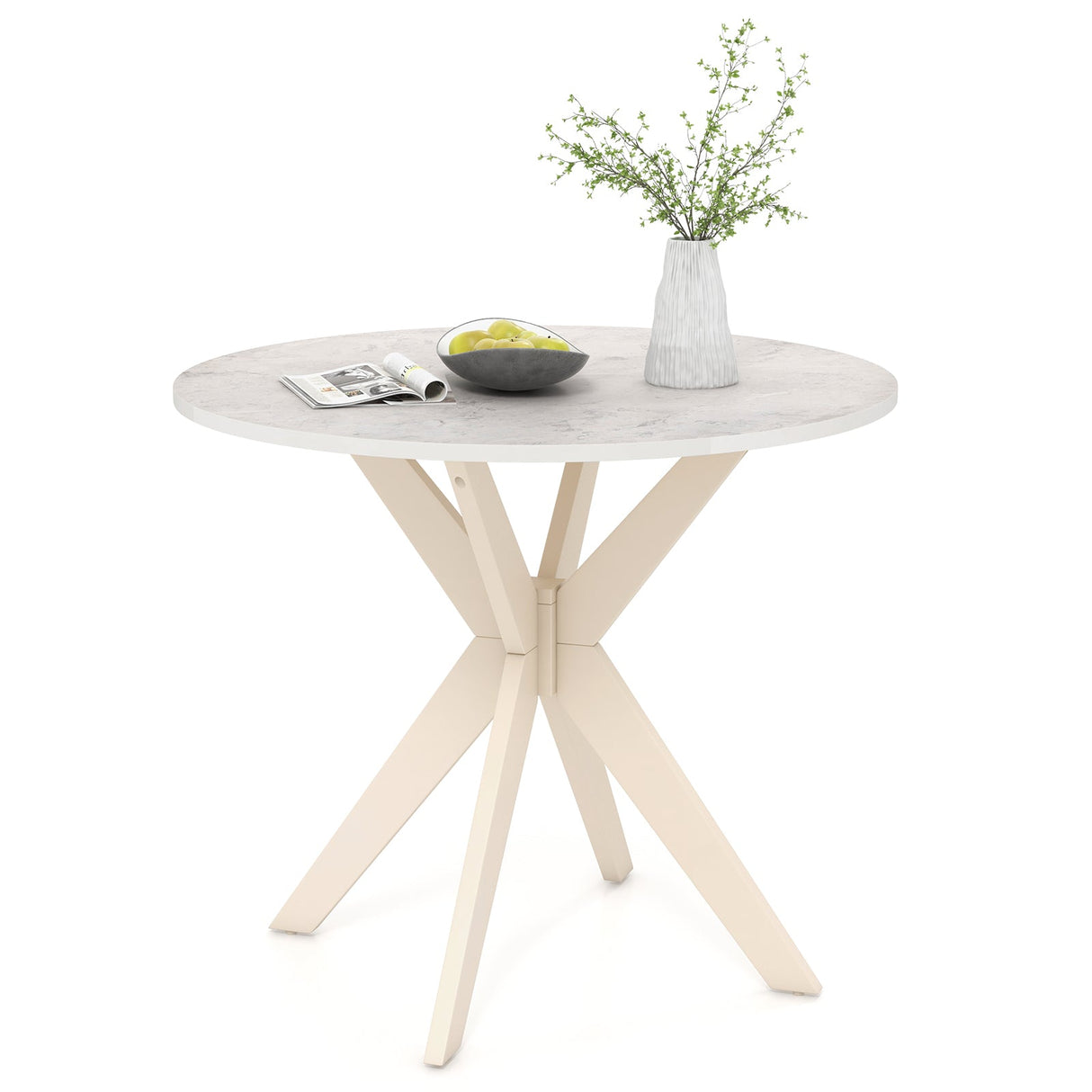 Mesa de cocina Mid Century Modern de 36 pulgadas con tablero de imitación mármol y patas de madera maciza de caucho