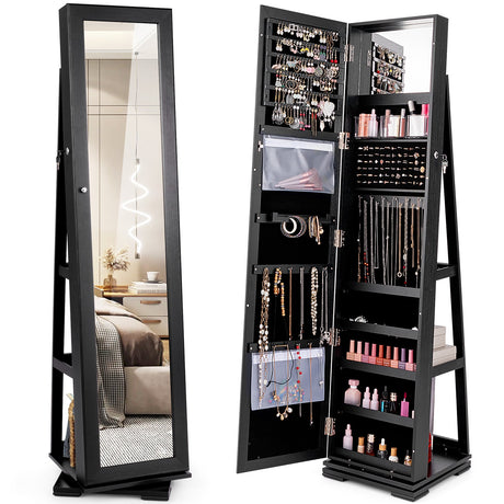 Gabinete de joyas con espejo de cuerpo entero, 2 en 1, giratorio 360° y con cerradura