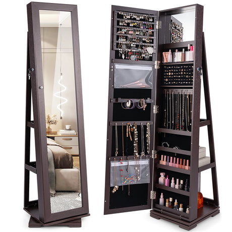 Gabinete de joyas con espejo de cuerpo entero, 2 en 1, giratorio 360° y con cerradura