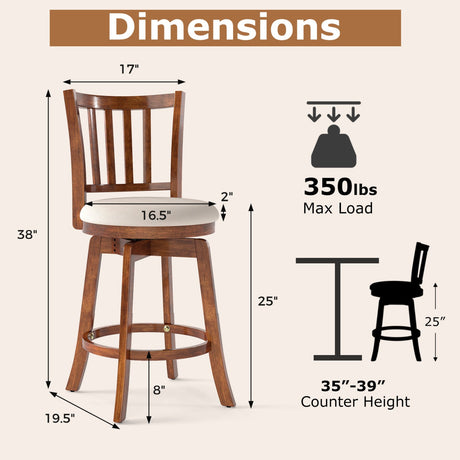 Juego de 4 sillas giratorias de altura de mostrador 360° con respaldo y asiento tapizado