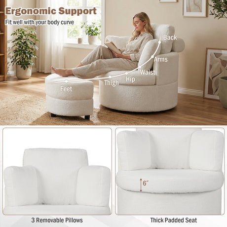 Sillón decorativo giratorio 360° con otomana de almacenamiento de media luna