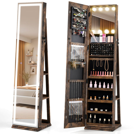 Gabinete de joyería giratorio de 360° con espejo de cuerpo entero iluminado
