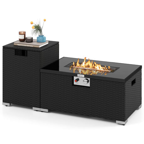 Juego de 2 piezas de mesa de fuego de ratán para exterior, fogón de gas rectangular de 32 pulgadas con cubierta para el tanque